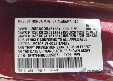 2020 Honda Pilot Awd Elite из США, поврежденный, VIN 5FNYF6H08LB050871